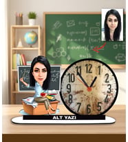 isme Özel Karikatürlü Bayan Öğretmen Masa Saati - Matematik & Fen Temalı Hediye