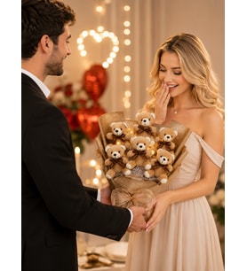 Kahverengi Ayıcık Buketi – 3 Kademe Işıklı
