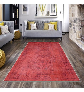 Kırmızı Vintage Desenli Yıkanabilir Kaymaz Taban Leke Tutmaz Modern Salon Halısı ve Yolluk