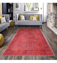 Kırmızı Vintage Desenli Yıkanabilir Kaymaz Taban Leke Tutmaz Modern Salon Halısı ve Yolluk