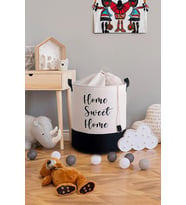 Beyaz Kumaş Fileli Home Sweet Home Baskılı Çok Amaçlı, Dekoratif Oyuncak Sepet (Standart)