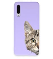 Samsung Galaxy A50s Uyumlu Lansman Kılıf Catface Tasarımlı İçi Kadife Kapak-Lila (Şeffaf)