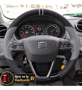 Seat Leon MK3 Dikme Direksiyon Kılıfı Delikli Deri Parlak Siyah Gri Detay Çift Yüzük ve Dikiş 2012-2016