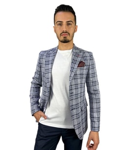 Lacivert Ekose Blazer Tek Ceket Sivri Yaka Regular Fit  Agustini