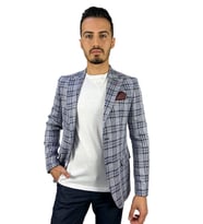 Lacivert Ekose Blazer Tek Ceket Sivri Yaka Regular Fit  Agustini