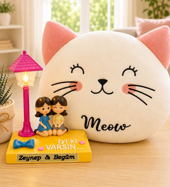 Kişiye Özel İsimli İyi Ki Varsın Arkadaşa Hediye Masa Lambası & Kedi Polar Yastık