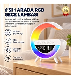 6'sı 1 Arada Kablosuz Şarjlı RGB Gece Lambası Bluetooth Hoparlör ve Alarm Saat
