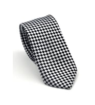 Siyah Piti Kare Desenli Beyaz Dokuma Kumaş Mendilli Slim Fit Kravat // SDK-2503-4