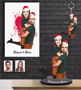 Kişiye Özel Yılbaşı Sevgili Karikatürlü 3 lü Hediye Seti Model-6