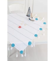 Ajurlu El İşi Motif Dantelli İpek İşlemeli Masa Örtüsü (Turkuaz)