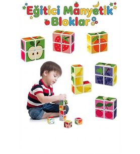 Eğitici Manyetik Küpler - Mıknatıslı Zeka Blokları - 4 Parça Meyve Temalı 3 Boyutlu Puzzle