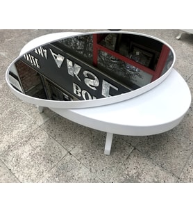 Orta sehpa 17140 Dönerli OVAL İNOVATİF Kayın Ayak MDF Tabla Parlak Beyaz füme cam