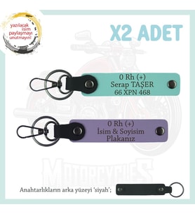 Motosiklet Aşıklarına, İsim Plaka ve 0 Rh (+) Kan Grubu, Acil Durum x2 Anahtarlık, Mor-Turkuaz-Syh (Çok Renkli)
