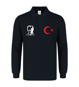 Atatürk-Ay Yıldız Baskılı polo yaka iki iplik şardonlu swetshırt (Siyah)