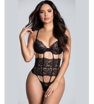 Kadın Siyah Dantelli Balensiz String Kesim Şeritli Bodysuit - 8290