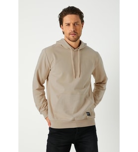 Erkek Bej Basic Kapüşonlu Regular Fit Normal Kesim 2 İplik Kumaş Günlük Sweatshirt