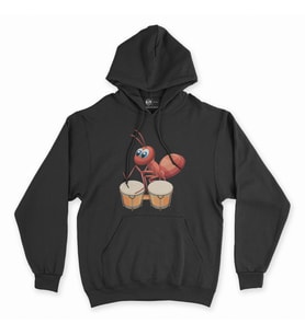 Davul Çalan Karınca Siyah Kapşonlu Sweatshirt Hoddie