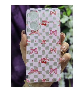 Realme C55 Uyumlu Kurdele ve Kiraz Desenli Silikon Şeffaf Telefon Kılıfı