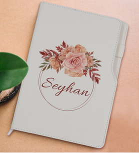 BK Gift Kişiye Özel Çiçek Tasarımlı Beyaz Termo Deri Not Defteri 15x21cm-26