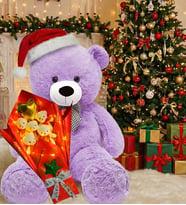 Yılbaşı Konsepti-LED Işıklı Romantik Yeşil - Kırmızı-  Beyaz Peluş Ayıcık Buketi ve 90 cm Peluş Ayı (Lila)