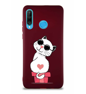 Huawei P30 Lite Soft Premier Kapak Coolcat Tasarımlı Silikon Kılıf - Mürdüm (Şeffaf)