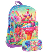 Kaukko Kids Layer Kız Çocuk Okul Çantası + Kalem Çantası Seti (Kırmızı Mavi - Dondurma) (Çok Renkli)