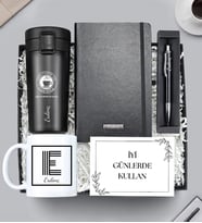 Kişiye Özel 350 ML Kilitli Çelik Termos & Defter & Kupa & Kalem Hediye Seti (K.Siyah)