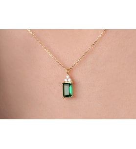 Onseva Kuyumculuk Emerald Cut Kadın Yeşil Taşlı Zarif Kolye 14 Ayar Altın