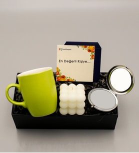 Yeşil Bulut Kupa & Bubble Mum & Krom Kaplama Makyaj Aynası Hediye Seti