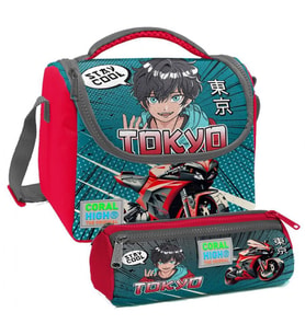 Coral High Gri Nefti Anime Motorsiklet Desenli Erkek Çocuk Isı Yalıtımlı Beslenme Çantası ve Kalemlik Seti