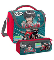 Coral High Gri Nefti Anime Motorsiklet Desenli Erkek Çocuk Isı Yalıtımlı Beslenme Çantası ve Kalemlik Seti