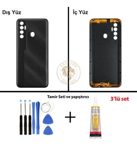 Tecno Vida Seti + Yapıştırıcı Spark 7 Pro Mıknatıs Siyahı Yapıştırıcı B-7000 Yapıştırıcı Vida Seti Arka Kapak Arka Cam Batarya Kapağı Lazer Kesim Kapak Pil Kapağı Back Cover