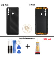 Tecno Vida Seti + Yapıştırıcı Spark 7 Pro Mıknatıs Siyahı Yapıştırıcı B-7000 Yapıştırıcı Vida Seti Arka Kapak Arka Cam Batarya Kapağı Lazer Kesim Kapak Pil Kapağı Back Cover