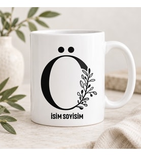 Kişiye Özel Baş Harfli ve İsimli Botanik Desenli Seramik Kupa Bardak