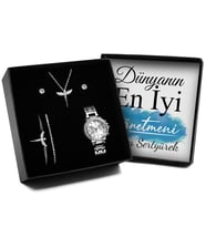 Öğretmenler Gününe Özel Tasarım Kutu & Gümüş Zirkon Kaplama Melek Kolye & 2'li Küpe & 2'li Bileklik & Saat Hediye Seti