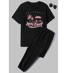 Unisex  Long Beach Baskılı 2'li Eşofman Takımı (Siyah)