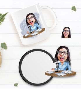 BK Gift Kişiye Özel Kadın Spiker Karikatürlü Beyaz Kupa ve Ahşap Bardak Altlığı Hediye Seti-1