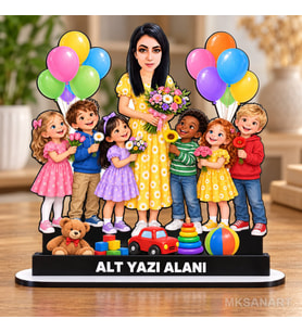 Kişiye Özel Kadın Anaokulu Öğretmeni Karikatürlü 18 cm MDF Masaüstü Biblo - Öğretmen Hediyesi Öğretmene Özel Hediye