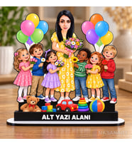 Kişiye Özel Kadın Anaokulu Öğretmeni Karikatürlü 18 cm MDF Masaüstü Biblo - Öğretmen Hediyesi Öğretmene Özel Hediye