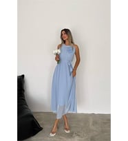 Neşeli butik kadın gül broş detaylı uzun şifon elbise NBK2144 (Mavi)