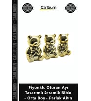 Özel Üretim Gold Dekoratif Fiyonklu Oturan Ayı Tasarımlı Seramik Biblo Orta Boy Parlak Altın