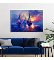 Yağlı Boya Dokulu Tablo Modern Denizde Yelkenliler Siyah Çerçeveli U06015