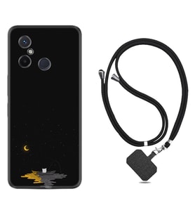 Xiaomi Redmi 12C Kılıf Silikon Boyun Askılı İpli Desenli Silikon Ay ve Kedi 1683