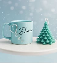 Bk Gift Kişiye Özel İsimli Kabartmalı Kalpli Tasarım Mavi Kupa Bardak &  Ağaç Mum -1, Sevgiliye Hediye, Ev Hediyesi