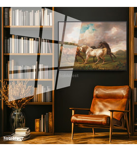 Siyah Renk Metal Çerçeveli Tamperli Cam Tablo George Stubbs Atlar Fırtınalı Bulut Manzarası Ressam Tablosu Duvar Dekoru