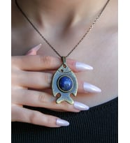 Doğal Taş Lapis Doğal Taşlı Balık Desen Otantik Kadın Kolye 45 Cm Zincirli euy10l (Mavi)