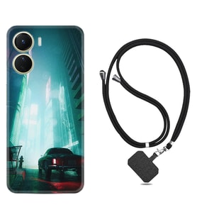 Vivo Y16 Kılıf Silikon Boyun Askılı İpli Desenli Silikon Night Cars 1619