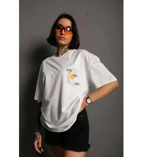 Unisex Bisiklet Yaka Baskılı Oversize T-Shirt - Beyaz