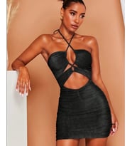 Real Passione Siyah Simli Parlak Boyundan Geçmeli Dekolteli Wrap Kesm Mini Gecelik/Babydoll -1011