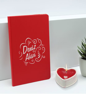 BK Gift Kişiye Özel İsimli Kırmızı Defter ve Kalp Taş Obje Kokulu Mum Hediye Seti-5, Sevgiliye Hediye, Arkadaşa Hediye